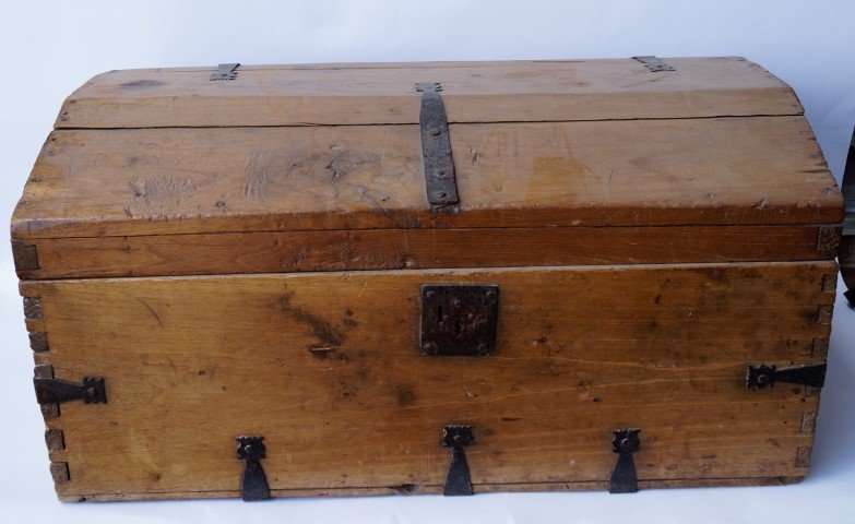 Sabino Trunk: Mexican Sabino wood trunk circa 1800 with dove tail corners, wrought iron fittings. 32" wide x 21" deep x 16" high