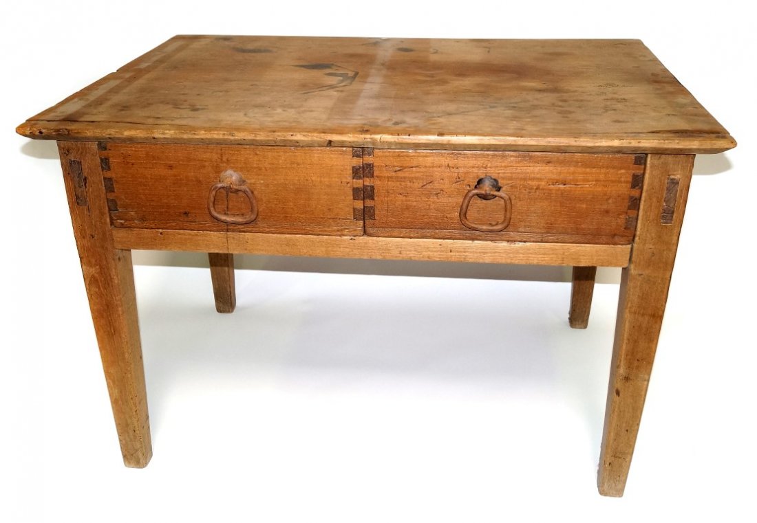 Rare Sabino Writing Desk: Mexican Mid to late 18th C. Top of the desk is one piece of Sabino wood. Two drawer, dove tailed consruction with wrought iron handle pulls. 50"W. x 33"D. x 32 1/2 "H.