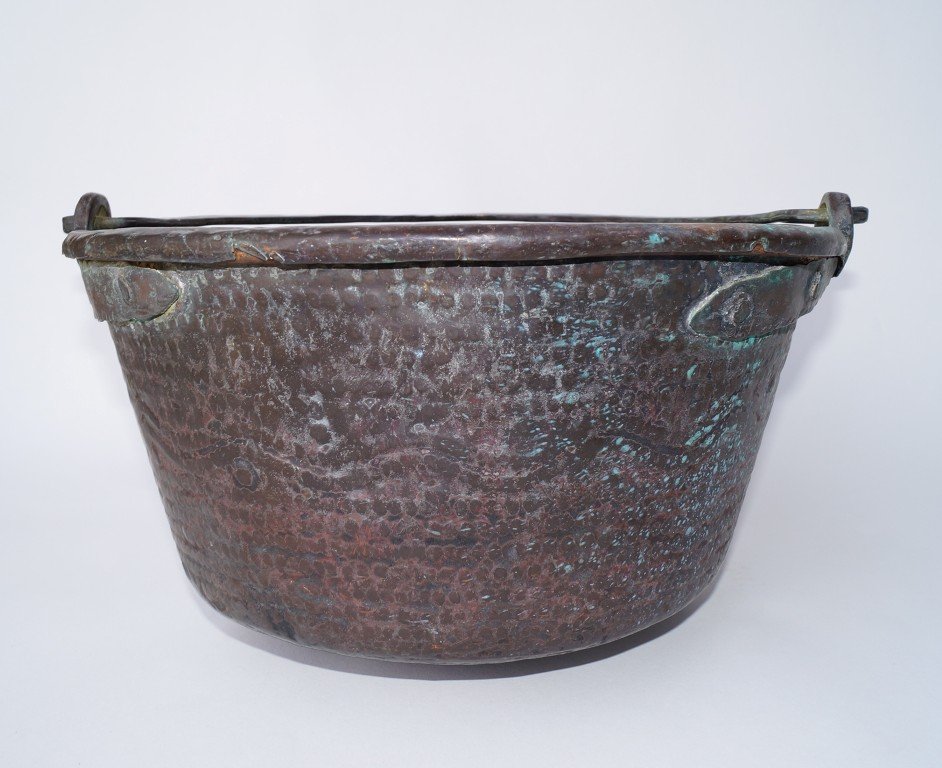Spanish Colonial Copper Bucket: Embossed punched copper designs. 13 3/4" W x 8" H.