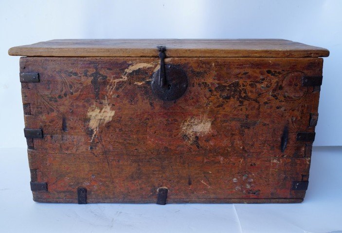 Spanish Colonial New Mexico Painted Chest: Decprated at the front with horse and riders, flowers; dove tailed construction. 34 1/2"L. x 17 1/2" D. x 18 1/2"H.
