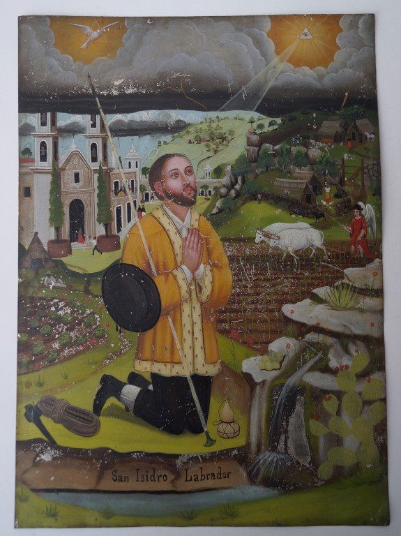 Mexican Retablo on Tin C.1900: San Isidro Labrador14"H. x 10"W.
