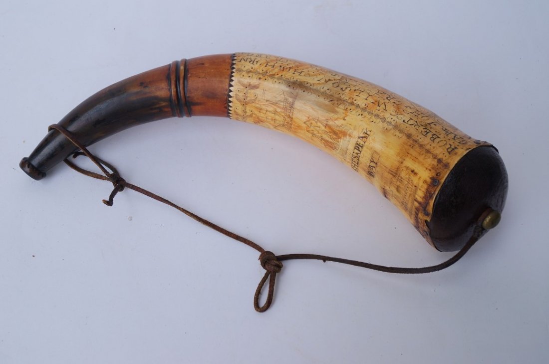 Powder Horn of Robert Wilson 1781: Powder horn identified to Ensign Robert Wilson who received the British colors surrendered at Yorktown in 1781. The powder horn is engraved with Robert Wilson His Horn Capt. John Graham N.Y. 1st Reg.