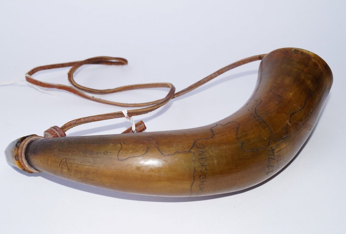 18th C. Powder Horn of Isaac Shelby: Dated Oct. 10, 1774. With maps of Ohio. 11" L.