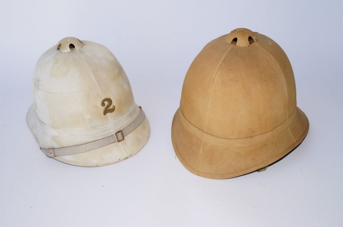 Horstmann Cork Military Hats (2): One with a label For Horstmann Military Goods, Phil. Pa. And the number 2 mounted at the front