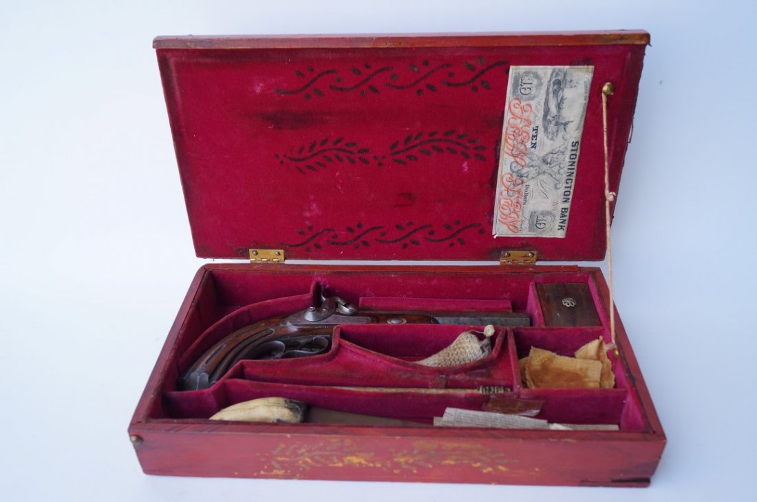 Sailors Cased Pistol-Dagger Set: .70 Calibre rifled pistol. Whale tooth dagger. Fancy knotted powder horn. Top of lid reads: " I've run lee with the four winds, ridden the wake of Neptune, I've hunted the mighty Leviathon, delighted 