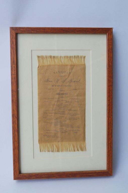 Gen. U.S. Grant Banquet Menu 1880: On silk, the elaborate banquet menu for an event given by the citizens of Leadville, Colorado on July 24, 1880 to honor Grant. Gallery mounted and framed, the lift top cover illustrates copies of the