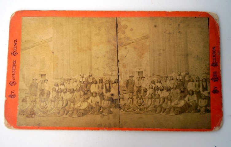 Stereo View Card by George Pierron: Group of Indians captured after the Custer massacre. By George Pierron, St. Augustine. Light waterspots at top part
