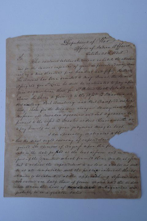War Department Letter-Orders: Orders to General William Clark (Lewis & Clark) to cease giving rations to Mondass, Sioux,Sac Indians at Fort Leavenworth 4pp. 9 5/8 x 7 7/8