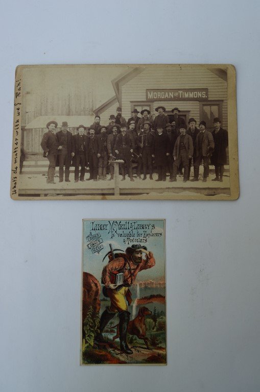 Miners Photograph and Trade Card: A group photograph of miners with their tools, witnesses to Bonnybel, Aspen, Colorado taken on Januray 20, 1889 togethr with a trade card for Libby Mc Neill & Libby's Cooked Corn Beef, "valuable for e