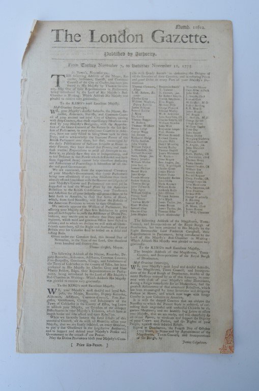 1775 London Gazette: Published by Authority. From Tuesday, November 7 to Saturday, November 11, 1775. Various addresses to His Majesty the King regarding the American Rebellion, inc. one fro Guernsey with list of names ap