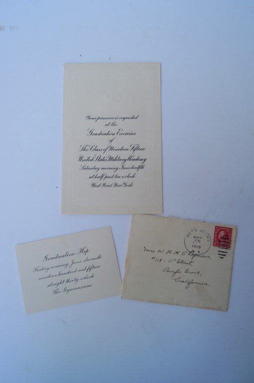 Dwight Eisenhower Invitation to Hop: Dwight Eisenhower and Omar Bradley's Graduation Hop! Stamped postal cover with invitation inside that includes the announcement card for the 1915 Graduation Hop and a separate invitation to attend the