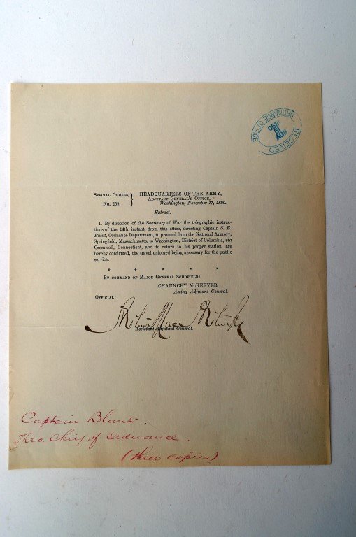 Special Orders Signed by Arthur MacArthur: Special orders signed by Civil War and Indian Wars Officer, Arthur MacArthur, father of General Douglas MacArthur. A printed 8" x 10" "Special Orders #269 dated 1890 from "Headquarters of the Army, Wa