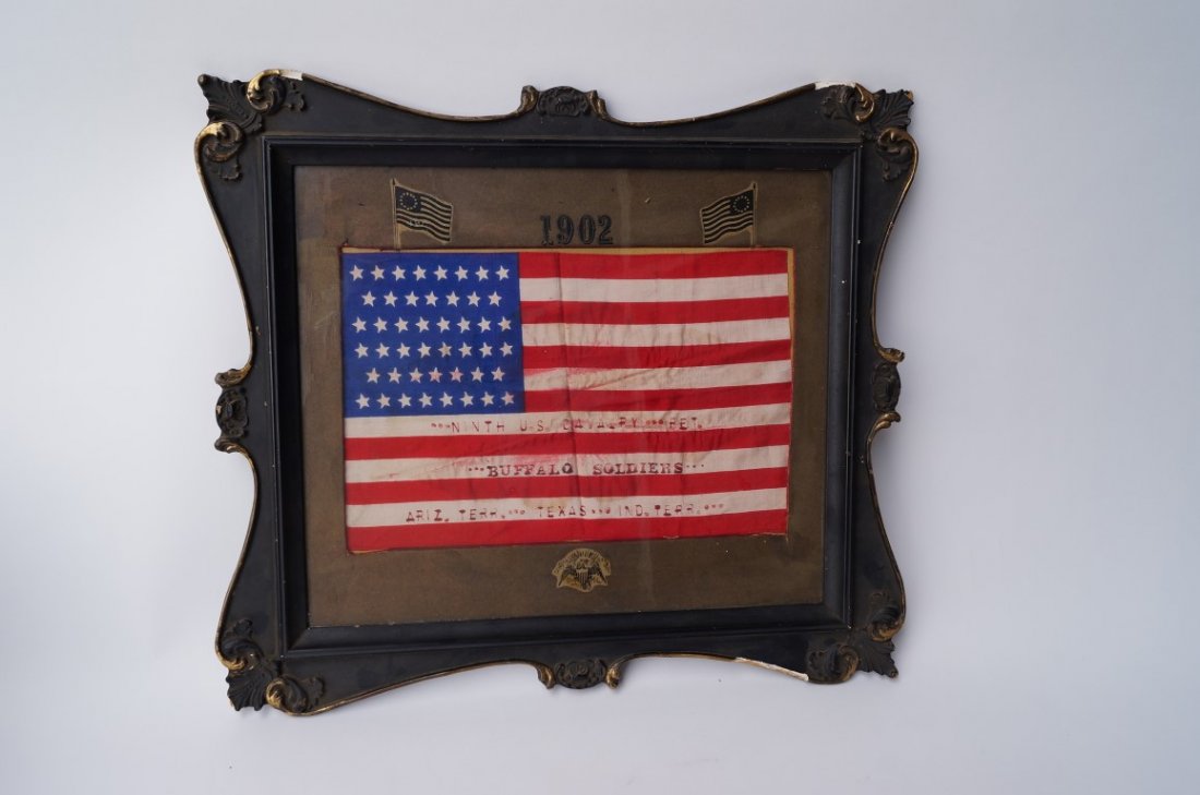 9th Cavalry Flag of the Buffalo Soldiers: 46 star flag Painted lettering " Ninth U.S. Cavalry..Ret. …Buffalo Soldiers…Ariz. Terr….Texas….Ind. Terr. Dated 1902 on the mat and framed
