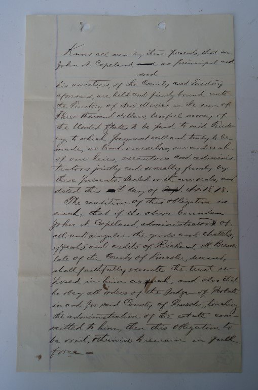 Bond for Richard M. Brewer Estate 1878: Killed in Blazer Mill Fight. Major Player in the Lincoln country War. Signed by John Copeland, Administrator, Sept. 1878