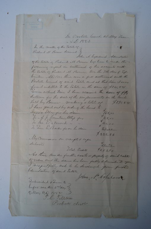 Settlement of Accounts Richard M. Brewer: Estate 1878. Paid to the following: A. J. Fountain, $25.00 (Billy the Kid's lawyer); Ira Lenore, $40; Issac Ellis, $165; Sue E. Barber "McSween" $50.00. Signed by John Copeland Administrator, May, 188