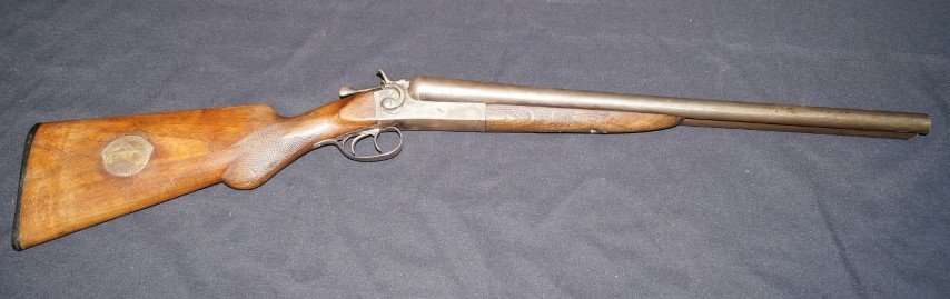 Hopkins and Allen Arms Co. Double Barrel Shot Gun: Hopkins and Allen Arms Co. Norwich, Conn. 12 gauge. Marked on the stock on an applied plate, Arizona Territory U.S. Marshall. Stamped in the wood First District. Second plate marked Pima (Right hand c