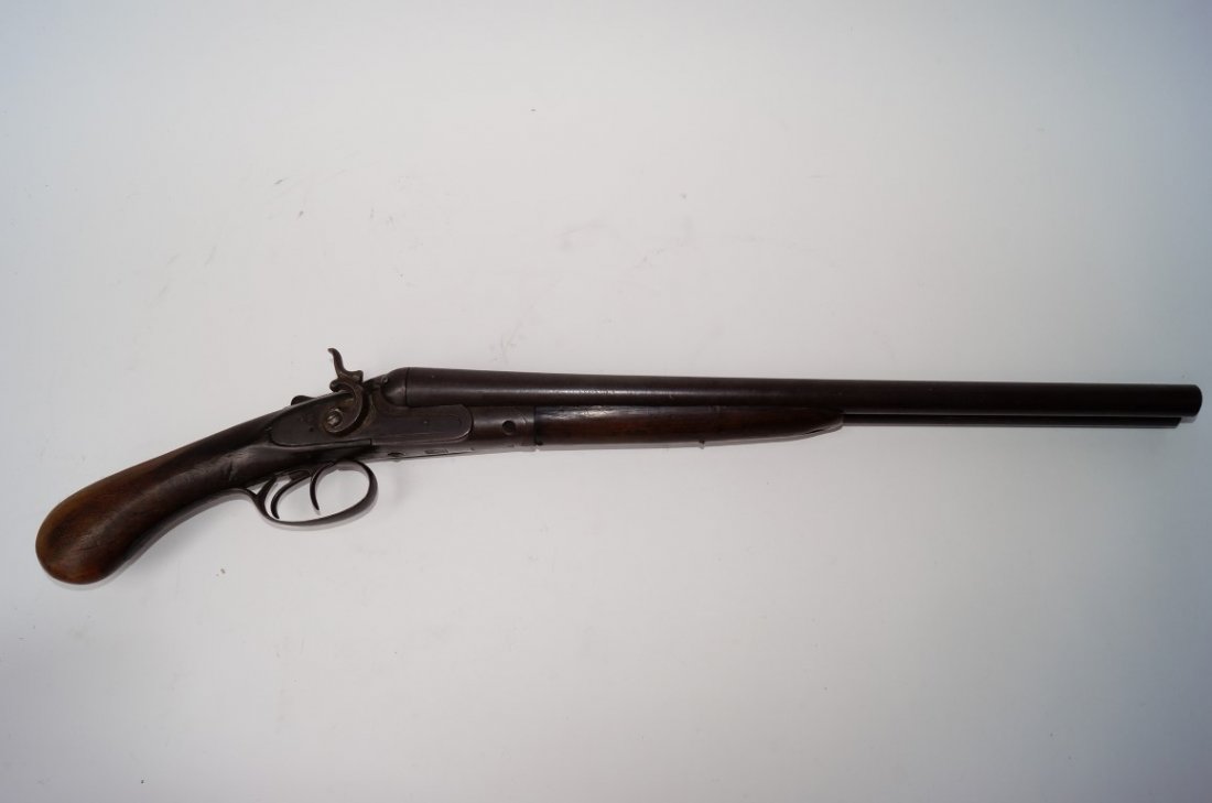 St, Louis Arms Co. l Percussion Shot Gun: Belgian double barrel percussion shot gun. 20 gauge. Says "Belgium Fine Laminated Steel. Leader Machine Made. St. Louis Arms. Co.