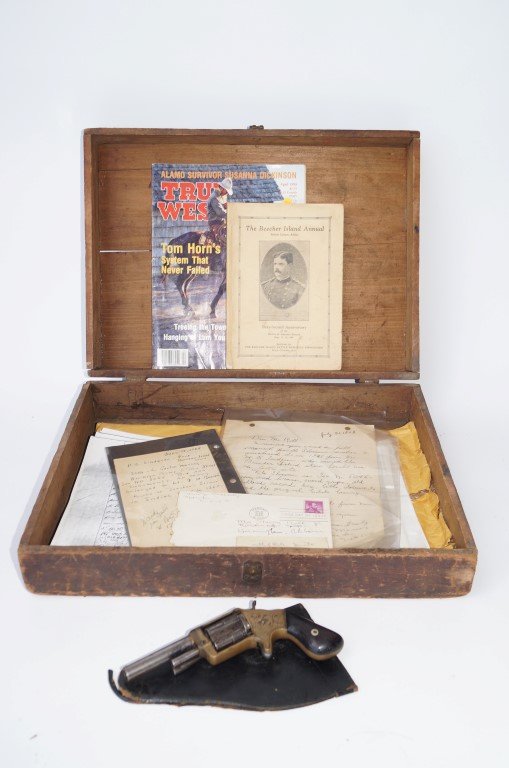 Slocum Revolver of Lt. F. H. Beecher: Brooklyn Arms Co. Revolver, 32 calibre. Serial No. 5046 together with a box and documents as well as holster having belonged to Lt. F. H. Beecher who was killed at Beecher's Island in an Indian fight 