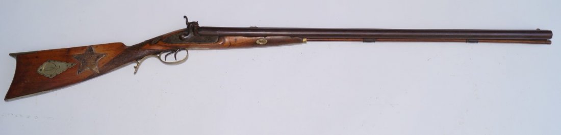 John Behan's Percussion Drilling: John Behan, Tombstone, Arizona Side by side 12 gauge x 36 Percussion Drilling. Marked Tax Collector, Sheriff Yavapai City, A. T. (Arizona Territory). On the opposite side is the sheriff badge of John