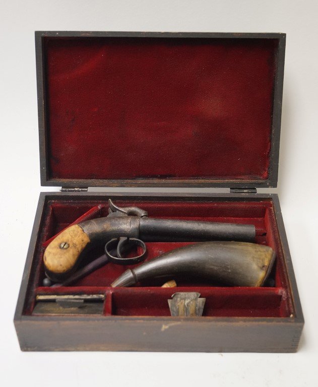 1845 Allen and Thurber Pistol: Allen and Thurber pistol of Walter Williams, 11th Pennsylvania Infantry. In a fitted case with Walter Williams' powder horn and hat pin which bears an 11. Included in the lot is a newspaper clipping a