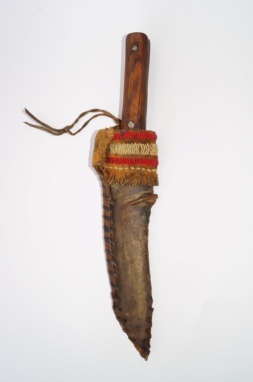 Bowie Knife with Buffalo Hide Sheath: Cleaver handled Bowie knife with buffalo hide sheath decorated with bead work. 14"L