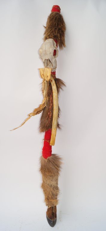 Indian Staff: Mounted with fur, skull, horn, hoof, hide etc. 55 1/4"L