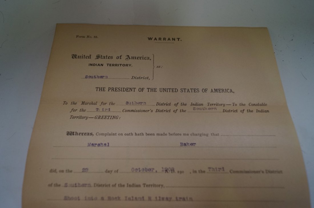 Indian Territory Arrest Warrant: Indian Territory Lawman Chris Madsen Arrests Men For Shooting at a Train. One page preprinted legal sizde arrest warrant dated 1903 from the Southern District Indian Territory charging two men with th