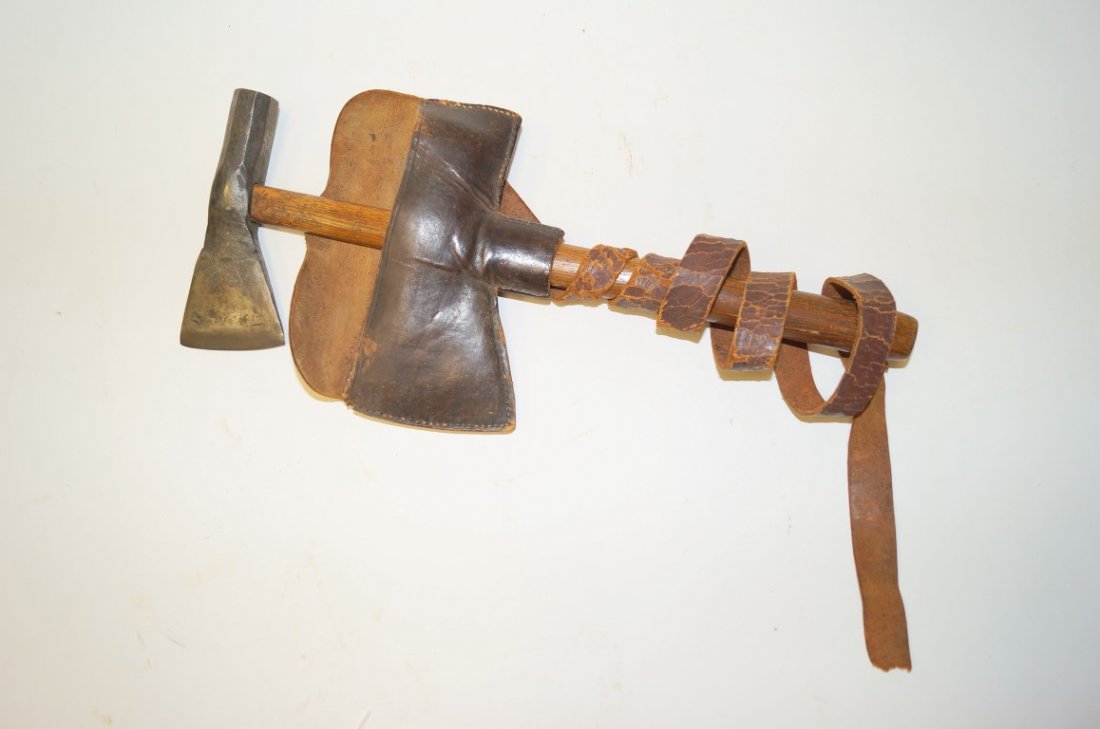 Rare Rifleman's Hammer Pole Tomahawk: Extremely rare rifleman's Hammer Pole in it's original leather over-shoulder sheath, ca. 1820. crudely made by frontier blacksmiths from a iron "Gun Barrel" with a sharpened edge blade which is drawn 