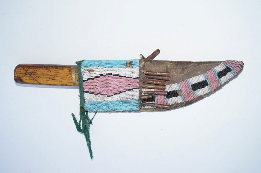 American Indian Knife: Pewter. Inlaid skinner with Cheyenne sheath. 12 3/4" L.