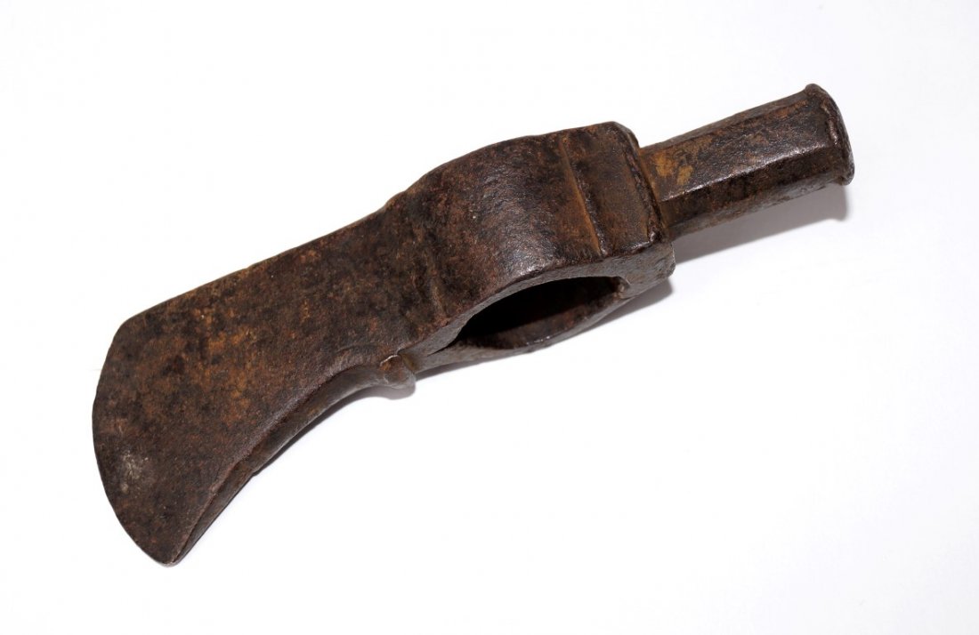 Hammer Pole Tomahawk, C. 1770: Early and rare. Made of iron with incised designs on the blade. 5-1/4" long.