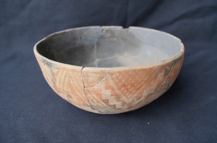 Salado-San Carlos Pottery Bowl C. 1100-1300AD: Origin: South Eastern Arizona. Area of Recovery: Graham County, Arizona. Cleaned, glued, small area at bottom restored, paint design brightened. 4" x 9" D.