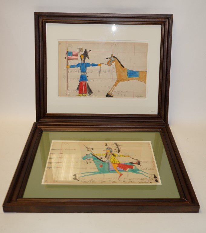 Pair of Michael Horse Ledger Paintings, Sgd.: Pair of paintings on 1910 ledger paper by Michael Horse. 9-3/4" x 15-1/2"