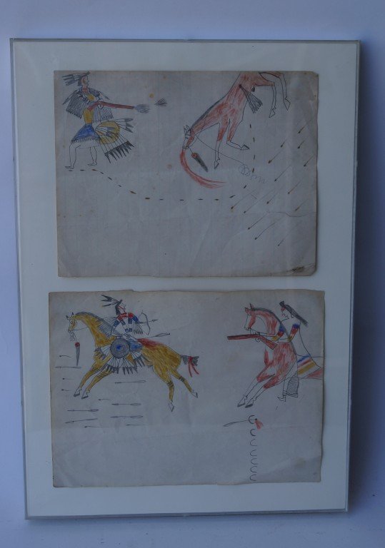 Plains Indian Ledger Drawings (2): 7 1/2"H. x 9 5/8"W; 7 3/4" x 10 3/8"W.