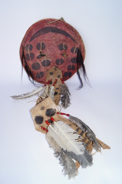 Artist Made Lakota Shield: Signed by the artist , Aaron Running Hawk and dated 1994, 18"D.