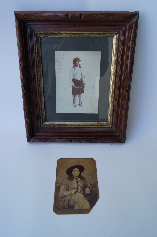 Hand Tinted Image-Indian: Hand tinted image of an unidentified Indian in a period walnut frame. Included in the lot is a photograph of Scarface Bear of the Warm Springs Indians (latter photo has corner missing lower rgt.) 6 1/