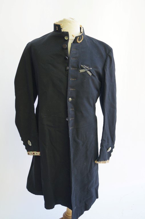 U.S. Scout Dress Jacket: Silver button attachments; beadwork trim on one sleeve, leather trim on the other. Marked at the collar with a 2 and a B within a laurel wreath . With crossed arrows and U.S.S. on the front left chest