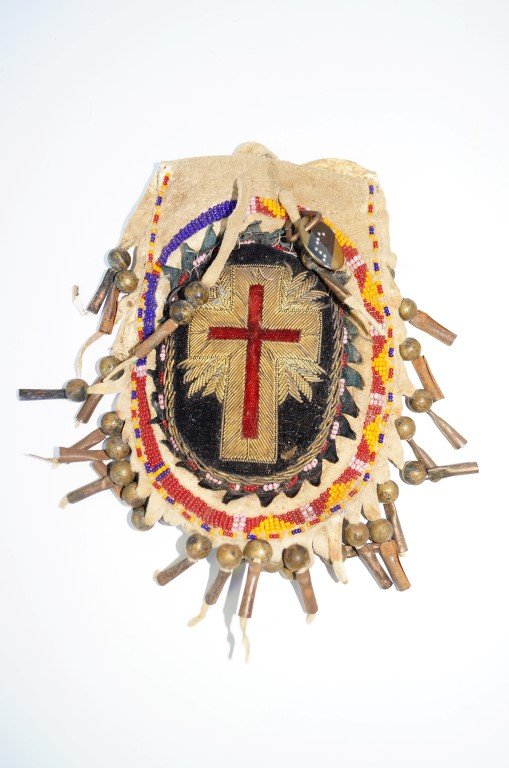 Missionary Pouch: With cross at central section, beadwork and tin ornamentations 7 1/2"H. x 4 1/2"