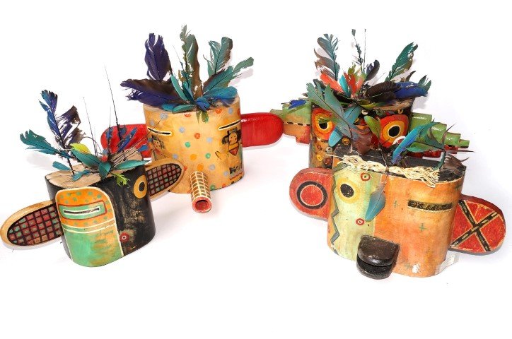 Contemporary Indian Sculptures Greg Lomayesa (4): Hand painted wood, feather decorations. All can be wall hung 13 1/2"W. x 6 1/8"H; 17 3/4"W. x 7 1/8"H.; 16"W. x 7"H; 14"W. x 7"H