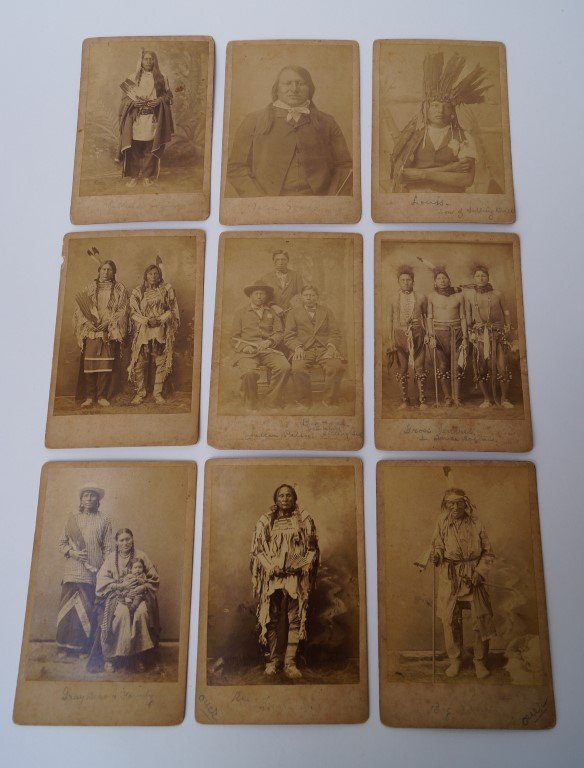 Nine Cabinet Cards Indian Chiefs: All by Z. Gilbert. Mandan N. D. All with advertisiements at the back of the Indian Chief photos available from this photographer. Identifications of subjects are written or marked at the back. 6 1/2: 