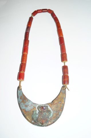 French & Indian Wars Gorget: With Hudson Bay trade beads. Central copper hand forged pendant (oxidized). 23 1/2".