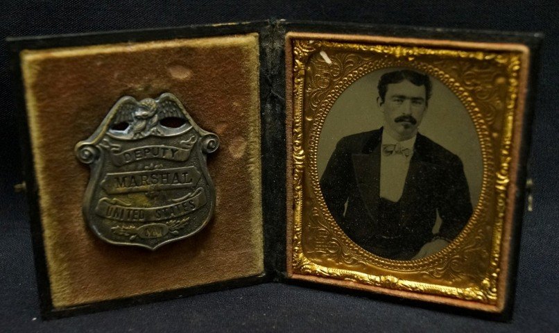 Tintype - U.S. Marshall: With a Deputy Marshall U.S. Badge, perhaps from New Mexico, in the case. 2 7/8" H x 2 1/2" W (case).