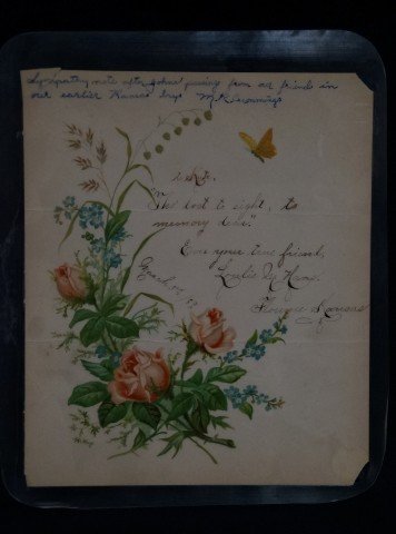 Sympathy Note for Doc Holliday: Ex Geo Stolworthy Collection. Sent to Big Nose Kate after death of Doc Holiday. ANS In ink at the top "Sympathy note after John's passing from our friends in our earlier Kansas days. M.C. Cummings". N