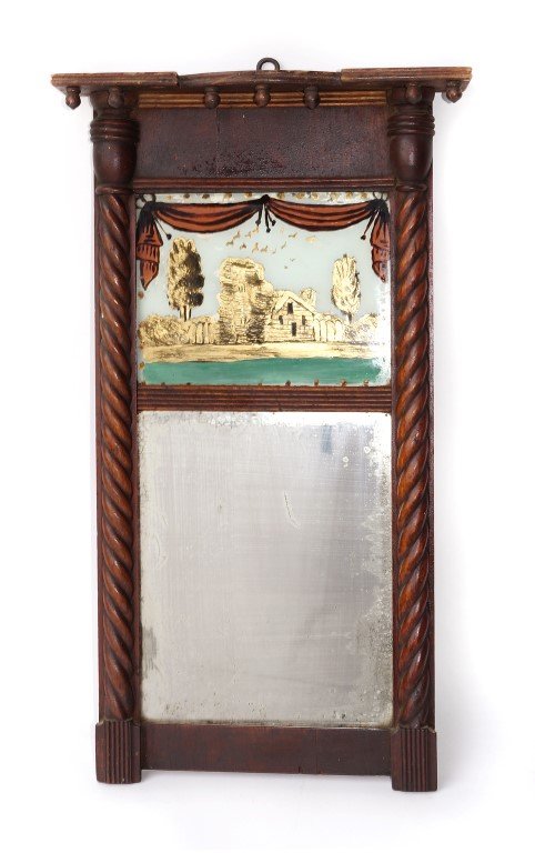 Late Federal Two Panel Mirror: One panel an eglomise cottage scene and the other original looking glass. Hand made in mahogany. C. 1820. Missing top knobs. 22" H.