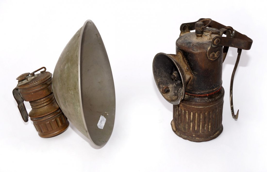 Two Carbide Miners Lamps (2): Dewar Mfg. Co. Brooklyn, NY 1926 patent date; one from the Copper Queen Mine. 6" high; 7" diameter.