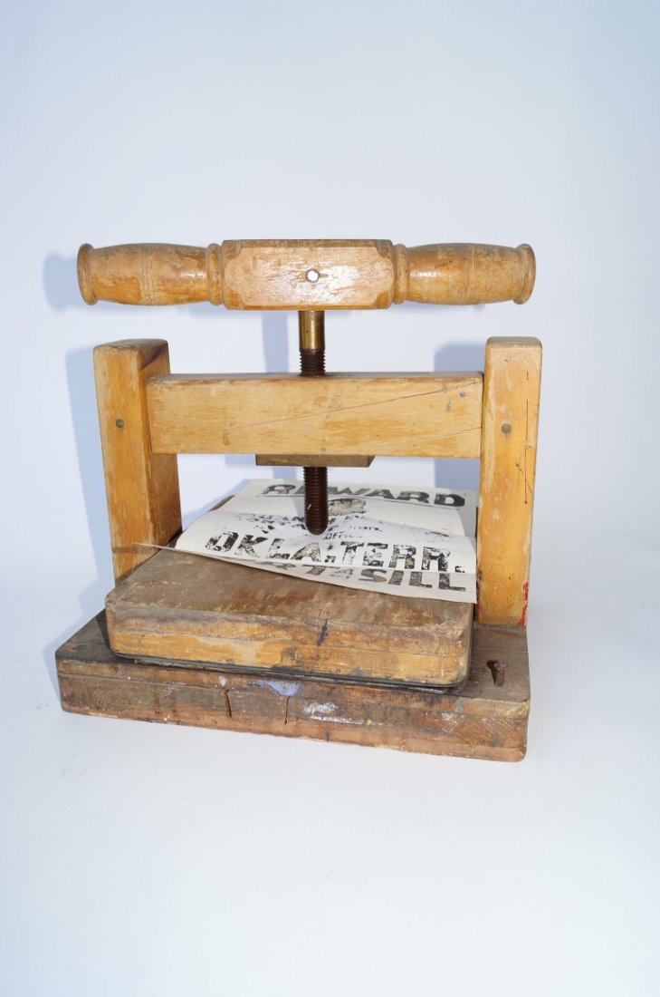 U. S. Army Wooden Printing Press for Reward Poster: U.S. Army Fort Sill Oklahoma. To print poster for Reward: Quanah Parker Contact Agents Office OK. Fort Sill.