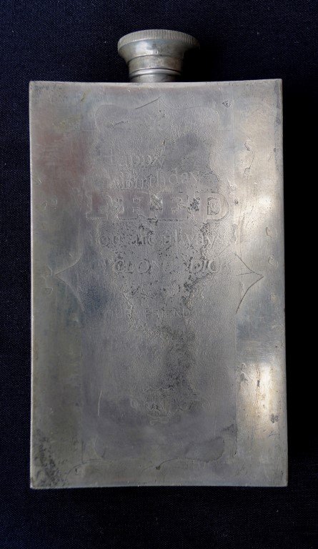 Charles A. Lambert Flask: English 1/2 pint flask Engraved Chas. A. Lambert Deputy Game Warden Marshall and Constable Deputy Sheriff of Cimarron, New Mexico. "Never kill a man that did not need killing" Robert Allison. On the b