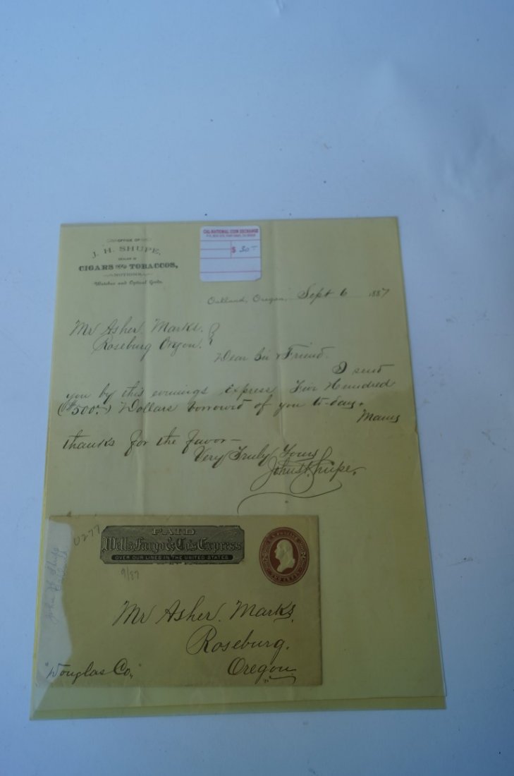 Wells Fargo Documents (22): The lot includes all original 19th C. hand written receipts, orders, checks etc.; all with Wells Fargo letterheads and logos. Twenty-two items in the lot.