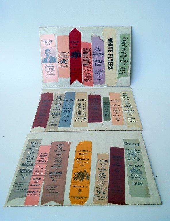 Collector's Firemans and Fire Dept Ribbons (22): All ribbons for C. 1910 Fireman's conventions, tournaments etc. Three have pictoral depictions of hook and ladder equipment and one has a photo of a gentleman running for President of Devils Lake Fire