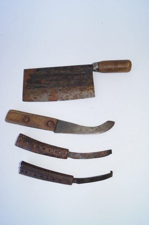 Quan Kee Meat Cleaver and other tools (4): In the lot, the cleaver, a skinning knife, and two hoofing knives 10 1/4" to 7 1/2"