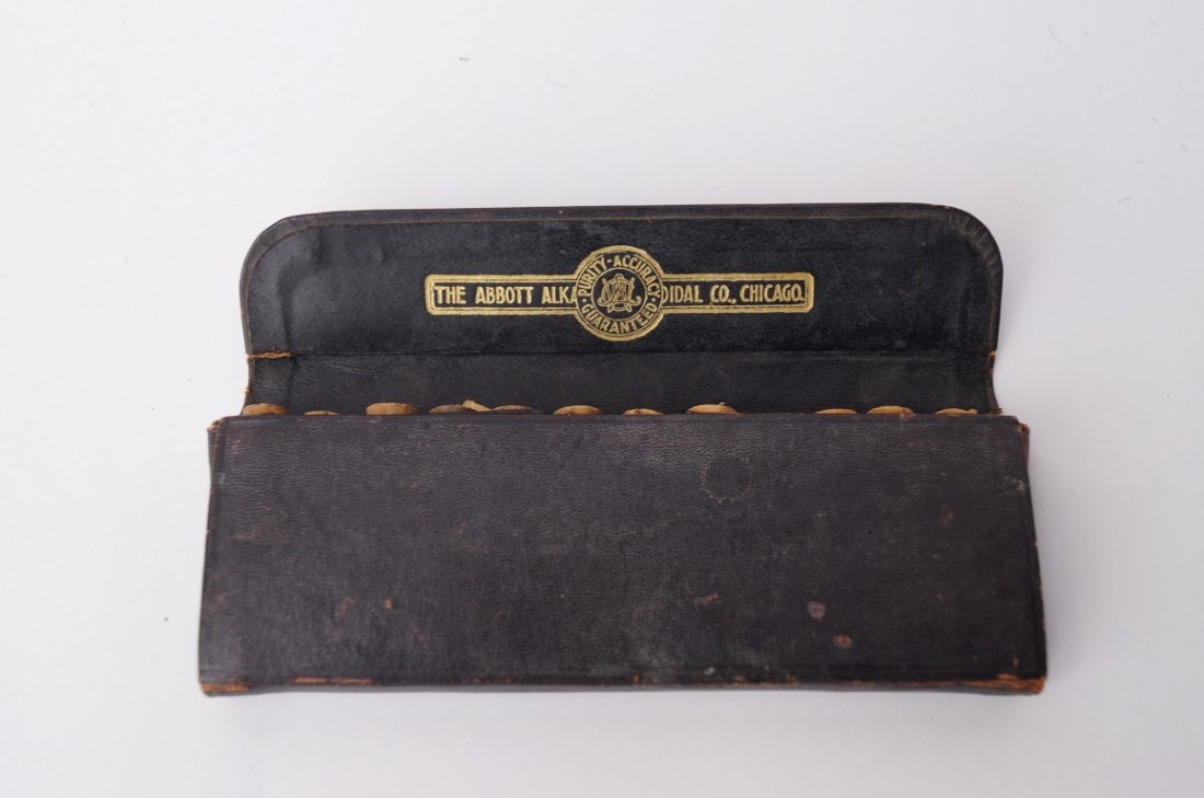 Abbott Alka Didal Co. Doctors Kit C. 1890-1910: Tombstone Dr's Kit with vials at the inside with paper labels inc. Cocaine, Codeine and Mercury 7"L